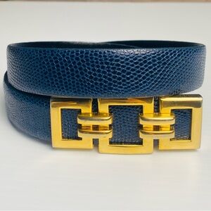 Brand New Vintage Talbots Italian Glazed Iguana Grain Leather Belt Golden Navy